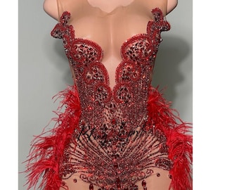 Könnte beinhalten: Ein durchsichtiger roter Body mit Perlenbesatz und Federnbesatz. Der Body hat einen tiefen Ausschnitt und eine figurbetonte Silhouette. Der Text "Bling Imports" ist am unteren Rand des Bodys sichtbar.