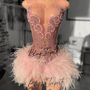 Pink Bling Rhinestone Party Dress with Feathers