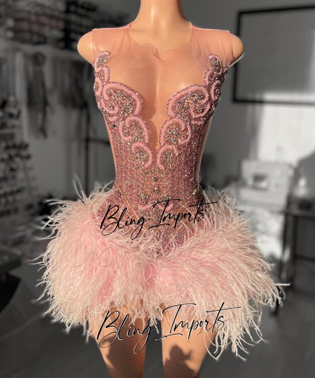 Pink Bling Rhinestone Party Dress With Feathers - Etsy