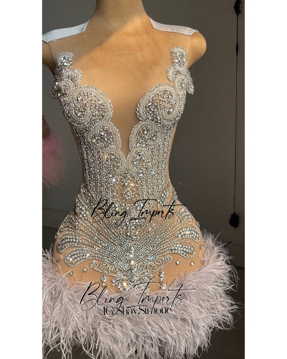 Silver Bling Rhinestone Party Dress with Feathers