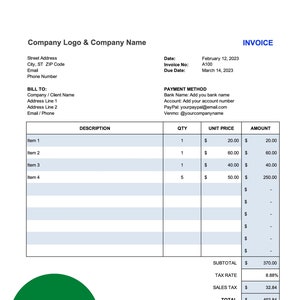 May include: Invoice template with a blue header and a white body. The invoice includes a description, quantity, unit price, and amount for each item. The invoice also includes a subtotal, tax rate, sales tax, and total.
