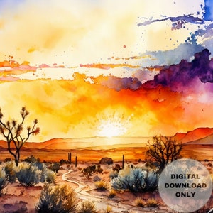 Into the Setting Sun of the Ethereal Desert, Desert-Sunset-Mountains, Printable Wall Art, Digital Download, Digital Painting