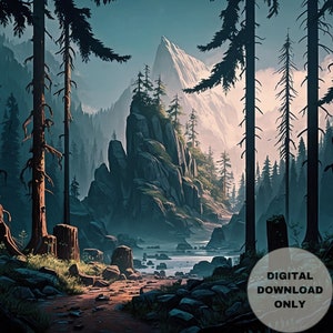 Mountain Forest Path of the Ancients, Forest-Mountain-Fantasy, Printable Wall Art, Digital Download, Digital Fantasy Painting