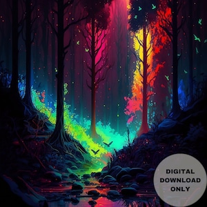 Neon Forest of Ethereal Spirits, Forests-Spirit-Night, Printable Wall Art, Digital Download, Digital Painting