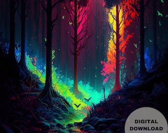Neon Forest of Ethereal Spirits, Forests-Spirit-Night, Printable Wall Art, Digital Download, Digital Painting