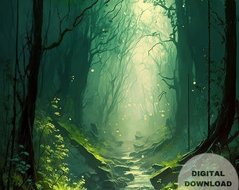 Fireflies and Stretching Shadows of the Forgotten Woods, Forest-Spring-Shadows,  Printable Wall Art, Digital Download, Digital Painting