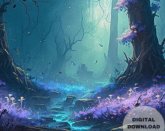 Petals and Fey in the Clearing, Night-Forest-Flowers, Printable Wall Art, Digital Download, Digital Painting