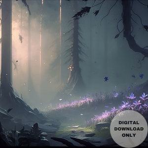 Hidden Forest Gems of Nature, Sunrise-Forest-Flowers, Printable Wall Art, Digital Download, Digital Painting