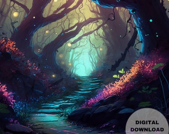 Enchanted Forest Trail, Forest-Ethereal-Mystical, Printable Wall Art, Digital Download, Digital Painting