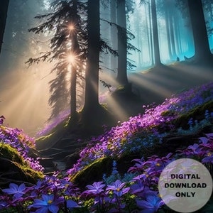 Nourishing Rays Through the Trees, Daylight-Forest-Flowers, Printable Wall Art, Digital Download, Digital Painting