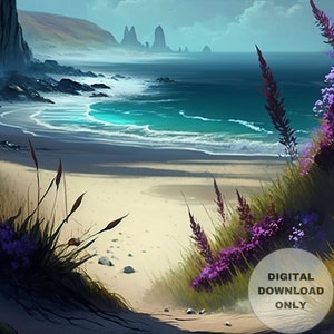 Oceanic Cliff Side View, Ocean-Cliff-Beach, Printable Wall Art, Digital Download, Digital Painting
