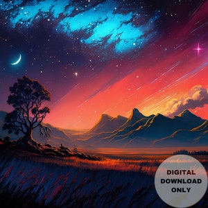 Ethereal Night Sky Fading Into Dawn, Fields-Stars-Dawn, Printable Wall Art, Digital Download, Digital Painting