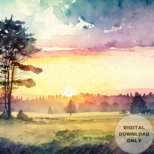 Rising Sun in the Calm Ethereal Wilds, Fields-Trees-Sunset, Printable Wall Art, Digital Download, Digital Painting