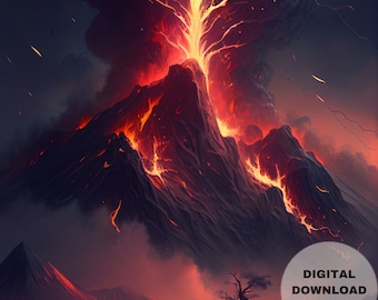 The Mountain's Fury, Volcano-Eruption-Apocalyptic, Printable Wall Art, Digital Download, Digital Painting