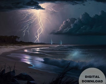 Heavenly Lightning Strike and Rising Tides, Ocean-Storm-Lightning, Printable Wall Art, Digital Download, Digital Painting