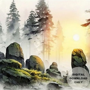 Illuminated Ancient Forest Shrouded in Mist, Forest-Sunset-Stones, Printable Wall Art, Digital Download, Digital Painting