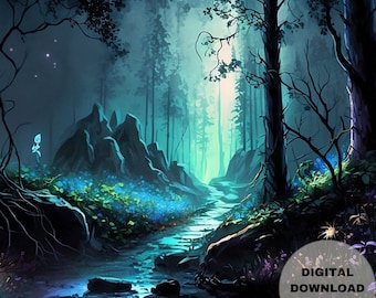 Glow of the Moon Lit Ethereal Forest, Night-Forest-Flowers, Printable Wall Art, Digital Download, Digital Painting