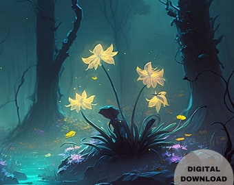 Yellow Ghost Flowers of the Ethereal Woods, Night-Forest-Flowers, Printable Wall Art, Digital Download, Digital Painting