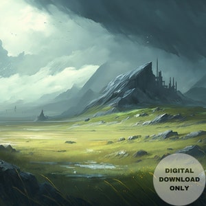Ruined City from the Ancient Sky, Plains-Mountains-Ruins, Printable Wall Art, Digital Download, Digital Painting