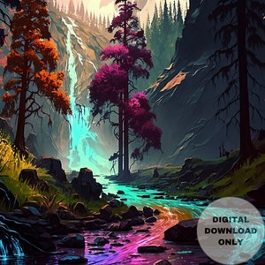 Vibrant Stream of Spring Colors, Mountains-Forest-Waterfall, Printable Wall Art, Digital Download, Digital Painting