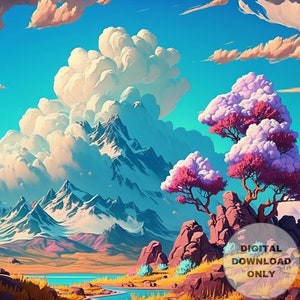 Vibrant Desert Colors After a Rare Heavy Rain, Desert-Mountains-Blooms, Printable Wall Art, Digital Download, Digital Painting