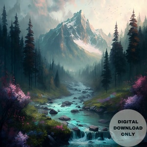 Glaciers Spring Melt River, Mountains-Forest-River, Printable Wall Art, Digital Download, Digital Painting