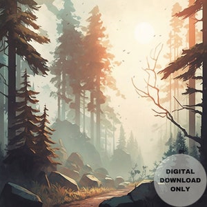 Scorching Summer Pine Woods, Pines-Forest-Summer, Printable Wall Art, Digital Download, Digital Painting