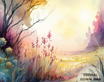Ethereal Spring Pathway, Flowers-Spring-Meadow, Printable Wall Art, Digital Download, Digital Watercolor
