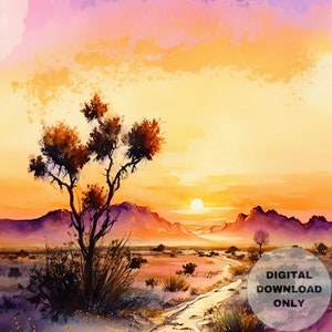 Lonely Sunset Along the Desert Trail, Desert-Sunset-Mountains, Printable Wall Art, Digital Download, Digital Painting