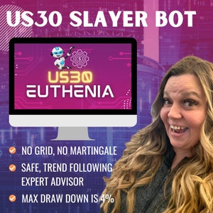 Può includere: Uno schermo di computer con uno sfondo rosa e viola mostra un robot dei cartoni animati che tiene un segno del dollaro. Il testo sullo schermo recita "US30 EUTHENIA". Sotto lo schermo, una donna con i capelli biondi sorride alla telecamera. Il testo sotto lo schermo recita "NO GRID, NO MARTINGALE", "SAFE, TREND FOLLOWING EXPERT ADVISOR", e "MAX DRAW DOWN IS 4%".