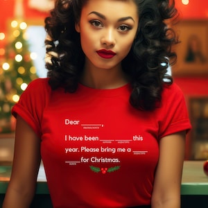 Camiseta unisex interactiva con texto en inglés "Dear Letter to Santa Claus" y texto en blanco para rellenar