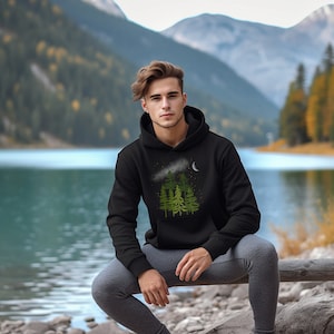 Nature Forest Pine Tree Sweatshirt Mountain Camp Outdoors Milky Way Starry Night Unisex Hoodie