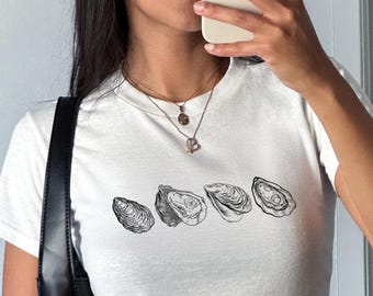 Camiseta con estampado de ostras para bebé, top corto con conchas marinas Y2K