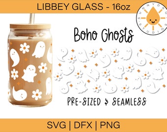 Envoltura de vidrio Boho Ghosts Libbey SVG, Halloween floral (descarga digital)