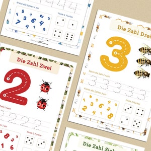 May include: A set of printable worksheets for children to practise writing the numbers 2, 3, 4, 6, 7, and 10. Each worksheet features a colourful number, a dotted line to trace, and a section to practise writing the number. The worksheets also include a section to count and circle the number of objects, such as ladybugs, bees, and dragonflies.