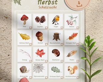 Herbst Wald Schatzsuche in der Natur Schnitzeljagd Kinderaktivitäte Spiele für Naturspaziergänge Wald Bingo Blätter
