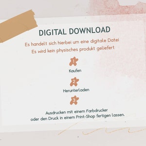 K&ouml;nnte beinhalten: Digitale Download-Anweisungen mit einem pfirsichfarbenen Hintergrund und braunem Text. Der Text lautet: "DIGITAL DOWNLOAD. Es handelt sich hierbei um eine digitale Datei. Es wird kein physisches produkt geliefert. 1. Kaufen. 2. Herunterladen. 3. Ausdrucken mit einem Farbdrucker oder den Druck in einem Print-Shop fertigen lassen."