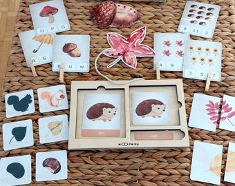 Autumn package with 6 Montessori activities Learning numbers Initial sounds Clip cards Threading cards Leaves Matching Shadow Matching game Busy Book