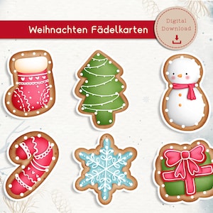 May include: Six printable Christmas gingerbread cookie ornaments. The ornaments are a stocking, a Christmas tree, a snowman, a candy cane, a snowflake, and a gift box. The ornaments are decorated with white icing and red, green, and blue details.