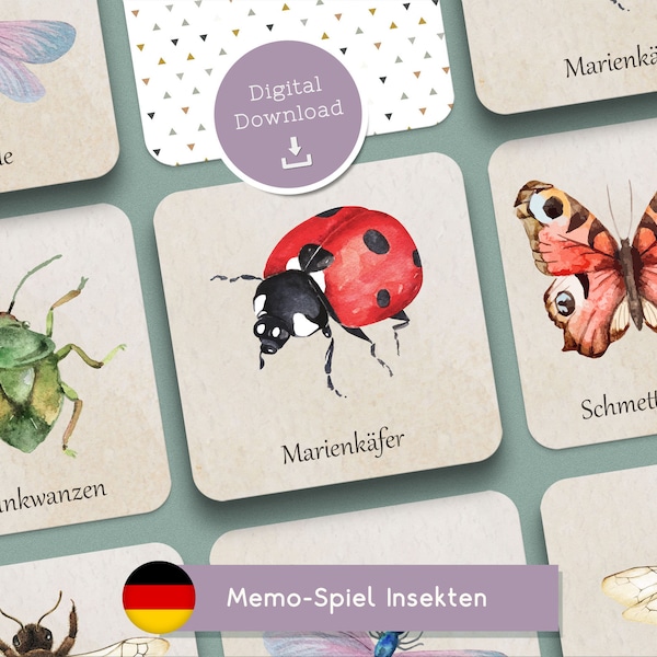 Montessori Insekten Memo-Spiel. 24 Memorie Karten für Kinder ab 2 Jahren. Gedächtnisspiel. Lernspiel Kinder