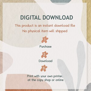 Pode incluir: Instru&ccedil;&otilde;es de download digital com um fundo castanho claro e formas abstratas em tons de azul, verde e castanho. O texto diz "DOWNLOAD DIGITAL Este produto &eacute; um ficheiro de download instant&acirc;neo Nenhum artigo f&iacute;sico ser&aacute; enviado 1. Comprar 2. Transferir 3. Imprimir com a sua pr&oacute;pria impressora, na loja de c&oacute;pias ou online"
