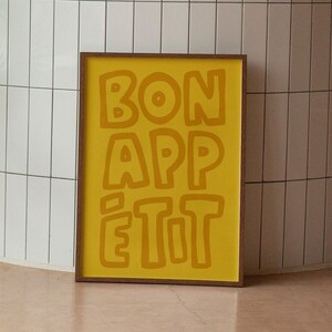 Cartel de Bon Appetit, Arte de pared maximalista, Amarillo mostaza, Estilo retro de los años 70, Cartel de comida, Cartel fresco, Impresión de cocina francesa, DESCARGA INSTANTÁNEA