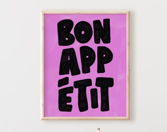Französisches Zitat Poster, Bon Appetit Plakat, Mid Century Typografie Druck, Lets Eat Rosa Küche Wandkunst, Maximalist Küche Druck, DRUCKBAR