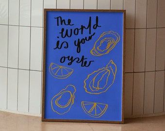 The World is Your Oyster Print, Kitchen Poster, Minimalist Wall Print, Crab Art, PRINTABLE Seafood Poster, Bar Cocktail Art, Oyster Poster