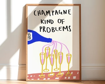 Problemy z szampanem Wydrukuj, Dziewczęca sztuka ścienna, Sztuka Preppy, Dekoracja ścienna pokoju w akademiku, Prezent Swiftie, DO DRUKU, Sztuka retro drinków, Sztuka retro baru