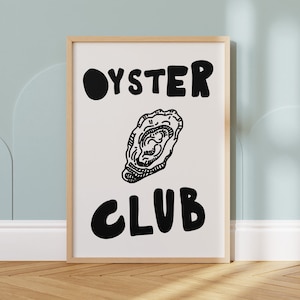 Oyster Club Hand Drawn Poster, Coastal Art, Kitchen Print, Foodie Vintage Retro Art, Seafood Print, Oyster Print, Cool Poster PRINTABLE