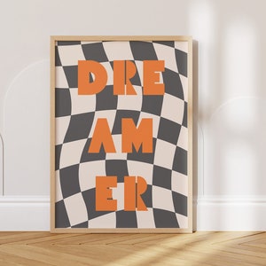 Soñador, cartel de cuadros retro en blanco y negro, arte de pared Groovy de los años 70, lindo estampado de apartamentos, tipografía trippy naranja, DESCARGA INSTANTÁNEA