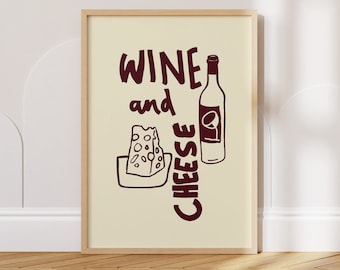 Wine and Cheese Poster, Foodie Gift, Wine Print, Vintage Poster, Retro Food Art, Bar Cart Art,  Culinary Art, Italian Food PRINTABLE