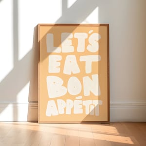Beige and White, Bon Appetit Mid Century Typography Print, French Quote Poster, Lets Eat Kitchen Wall Art, Trendy Kitchen Print, PRINTABLE