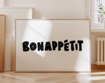 Póster Bon Appetit, impresión tipográfica de mediados de siglo, póster con cita francesa, arte de pared de cocina en blanco y negro, arte estético, cocina IMPRIMIBLE